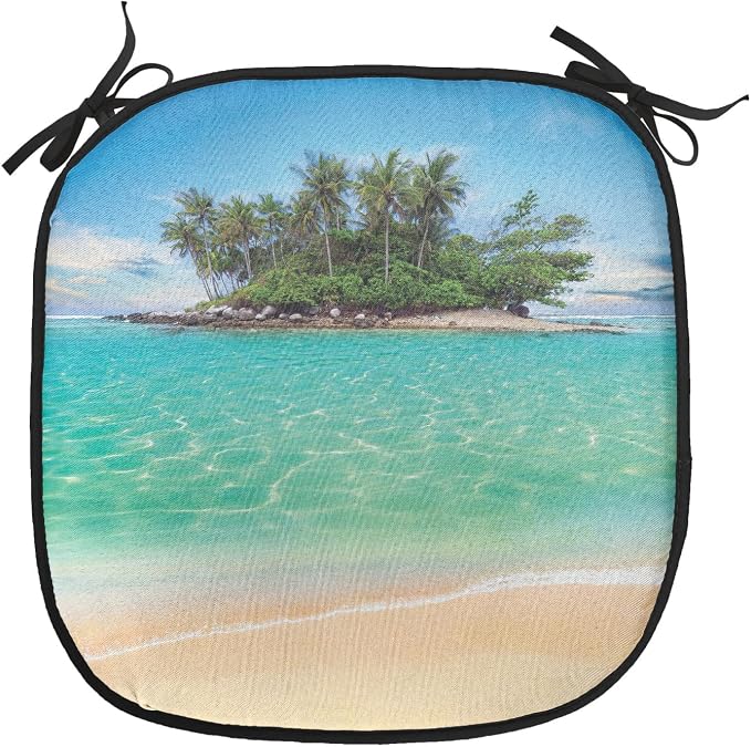 Lunarable Island Chair Cushion Pads Set of 6, Tropical Island Sandy Seaside Clear Water Honeymoon Destination Waterscape, Anti-Slip Seat Padding for Kitchen & Patio, 16"x16", Cream Blue Green