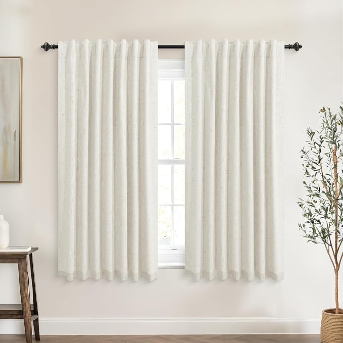 KOUFALL Short Linen Blackout Curtains 45 Inch for Small Windows, Boho RV Curtains for Camper Windows, Thermal Curtains for Kitchen Bedroom, Wide 52x45 Inches Long, Cream Beige