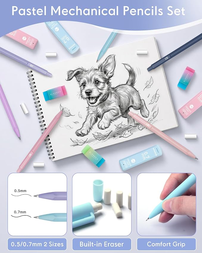 XKDOUS Cute Aesthetic School Supplies, Mechanical Pencils 0.5 & 0.7mm with 240 Lead Refills, 5 Black Gel Pens, Colored Index Stickers Stationery Set for Writing Drawing Office