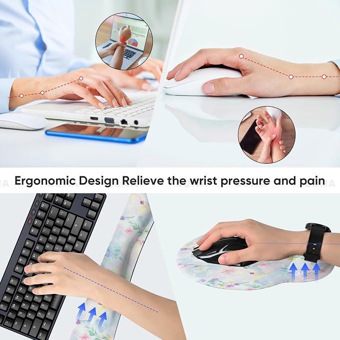Ergonomic Keyboard Mouse Pad Wrist Rest Support Set for Laptop/Computer/Desktop,Memory Foam Hand Rest Wrist Cushion for Gaming/Office,Lightweight Comfortable & Pain Relief (Colorful Flowers)