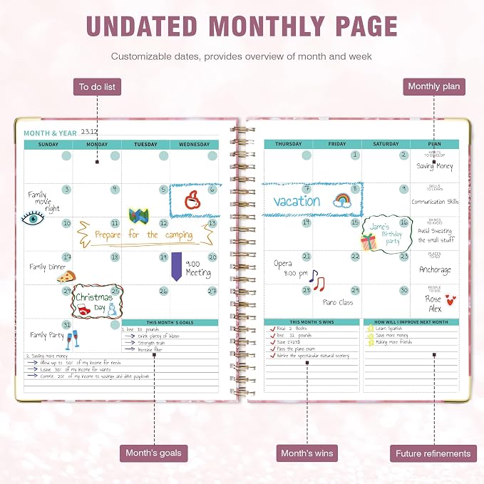 Ospelelf Undated Spiral Bound Planner Daily, Weekly and Monthly Planner, Pink Teacher Planners 12 Month 8.5 x 11