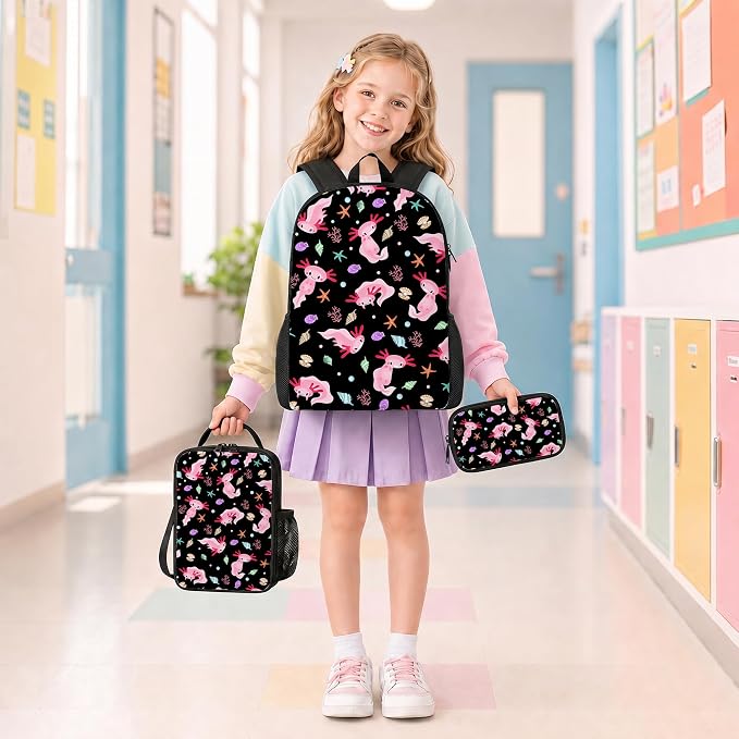 3PCS Axolotl Backpack for Boys Girls Teens, School Backpack with Lunch Box Pencil Case for Elementary Middle High Students, 17 Inch Lightweight Bookpack 3 in 1 Set Back to Shool Supplies for Kids
