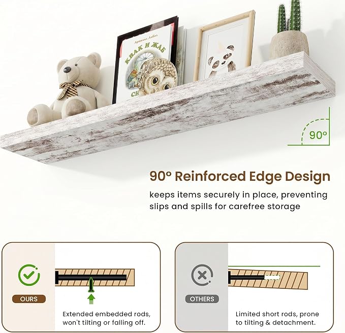 48in Floating Shelves for Wall, 48"W x 9.25"D x 1.25"H, 2 Pack Long Wall Mounted Engineered Wood Shelves with Invisible Brackets for Living Room, Bedroom, Bathroom, Kitchen, Vintage White