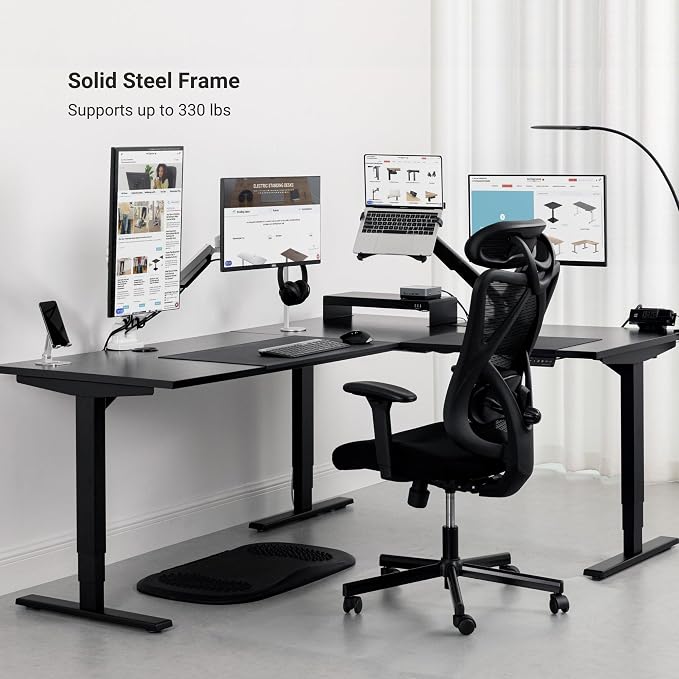 Progressive Desk Stand Up Height Adjustable Electric Standing Desk - L Shaped 90" x 72" Corner 3 Stage Rising Workstation Large Executive Table - Black Frame, Ebony Oak Top