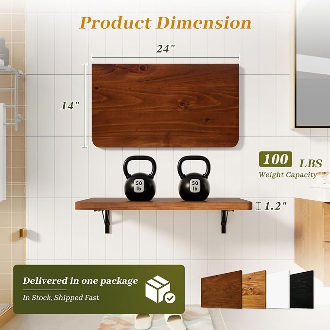 Dogsky Floating Wall Desk, 24" x 14" Wall Mounted Folding Table, Pine Wood Fold Down Wall Table, 100 lb Capacity Wall Mount Desk for Small Apartment, Laundry Room,Kitchen,Bar & Computer, Walnut