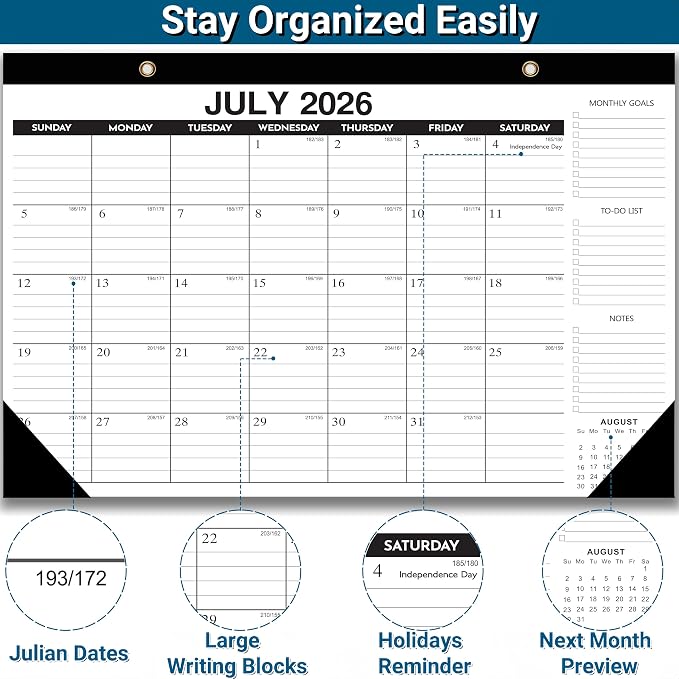 Desk Calendar 2026-2027, 18-Month Through Dec 2027, Large 17"x12" Desk/Wall Calendar, Ample Space, Thick Paper, Plastic Cover, Monthly Calendar Perfect for Home School & Office Organization