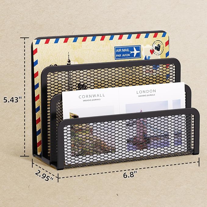 Marbrasse Mail Organizer for Desk, 3-Slot Mesh Metal Mail Holder countertop, Letter Holder, Office Desktop Envelope and Document Storage Rack (2P)