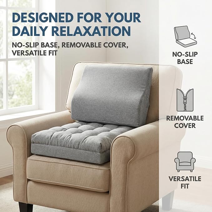 baibu Memory Foam Recliner Cushions with Lumbar Support Pillow for Elderly, 20x20x5 Inch Thick Dual-Layer Patent Design Non-Slip Recliner Seat Cushion for Reduce Hip & Lumbar Pain, Grey