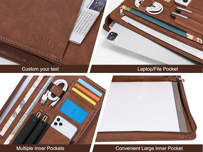 Calfinder Personalized Portfolio for Women&Men, Free Name Engrave,Customized Leather Padfolio with Logo or Name, Business Portfolio with A4 Writing Pad Holder for Resume,Gift for Father's Day