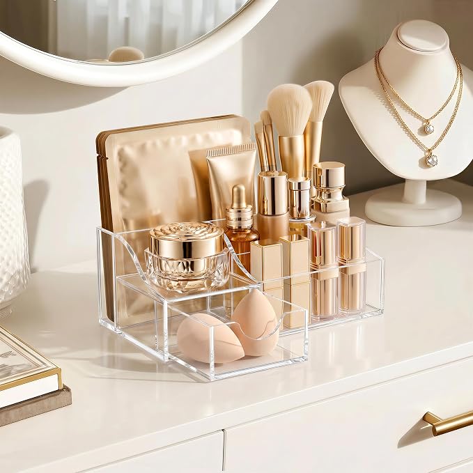 HBlife Acrylic Desk Organizer with Drawer, Pen & Pencil Holder, Multifunctional Desktop Caddy for Office Supply and Organization