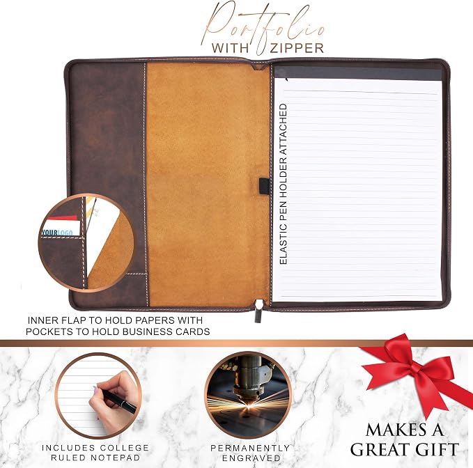 Personalized Portfolio Padfolio with Zipper Closure – Custom Engraved Organizer, Resume Folder, Business Portfolio Binder for Men & Women, Professional Gift for Graduates & Executives