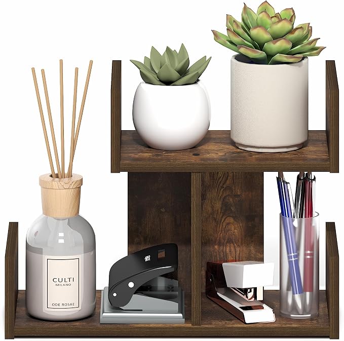 Furinno HERMITE Desk Organizers and Accessories, 2-Tier U-Shape Office Organization Shelf, Desk Top Book Shelf, for Writing Supplies, Desktop, Amber Pine