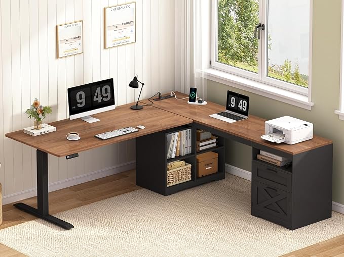 YOMILUVE Farmhouse L Shaped Standing Desk, 66 inch Corner Electric Standing Desk with Drawers ＆ Storage Shelves, Height Adjustable Computer Desk with Power Outlets for Home Office (Black and Brown) | Corner Electric Standing Desk with Drawers ＆ Storage...