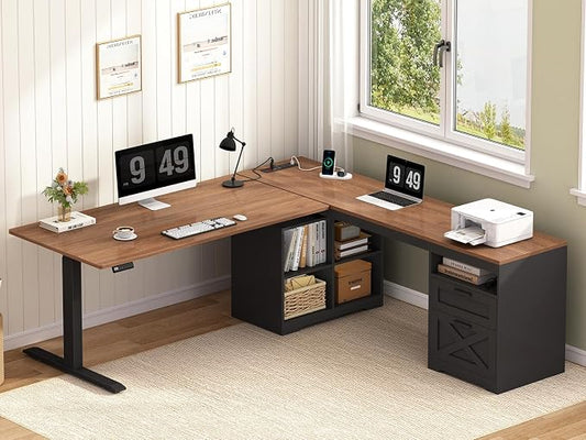 YOMILUVE Farmhouse L Shaped Standing Desk, 66 inch Corner Electric Standing Desk with Drawers ＆ Storage Shelves, Height Adjustable Computer Desk with Power Outlets for Home Office (Black and Brown) | Corner Electric Standing Desk with Drawers ＆ Storage...
