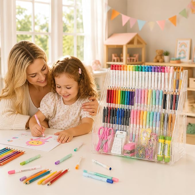 Acrylic Pen Pencil Holder for Desk With 20 Compartment Desk Organizers and Accessories,Durable Material Can Hold Pen Brush Cosmetic Scissor Clip Tape staplers Fit Home Office School(4 Tier)