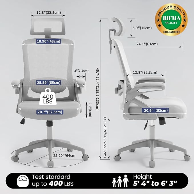 Fizzin Office Chair, Ergonomic Office Chair with Adjustable Headrest Lumbar Support Computer Chair, 400 lbs Desk Chair Comfy with Flip-up Armrests - Gaming Chairs for Adults Home Office (Gray)
