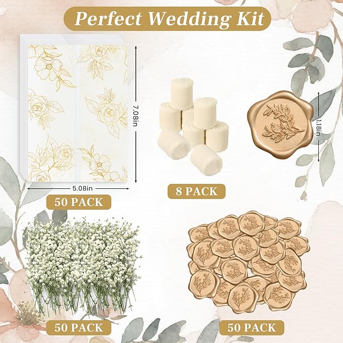 Wedding Invitation Accessories Kit, Pre-Folded Vellum Jackets for 5×7 Invitations with Wax Seal Stickers, Ribbon & Dried Flowers, Elegant Wedding Invitation Accessories for DIY Bridal Invites (Gold-Rose, 50)