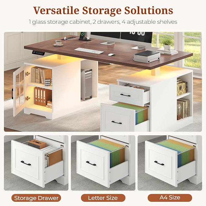 UPOSOJA 63 in Executive Standing Desk, Electric Height Adjustable Desk with Storage Drawers, Glass Cabinet, Shelves, Power Outlet, LED Light, Wood Sit Stand up Computer Desks for Home Office (White)