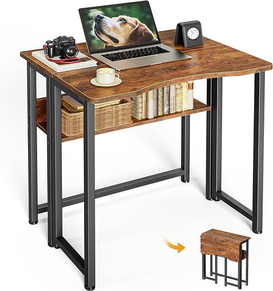 Huuger Folding Desk with Storage Shelf, 23.6 Inch Foldable Computer Table for Small Spaces, Space Saving Sofa Table for Couch, Writing Work Office Computer Desk, Easy to Fold, Rustic Brown