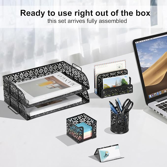 EasyPAG Desk Organizers and Accessories 5 Pieces Office Supplies Set - 2 Tier Paper Tray, Pencil Organizer for Desk, Mail Sorter Countertop, Business Card Holder and Sticky Note Holder, Black