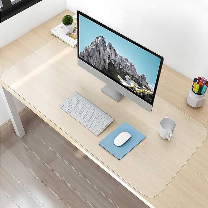 NATRKE Clear Desk Mat Pad, 35.4"x15.7" Large Transparent Computer Desk Mat Plastic Desktop Protector, PVC Writing Pad Round Edge, Waterproof Wipeable Non-Slip Table Protector for Home Office, Frosted