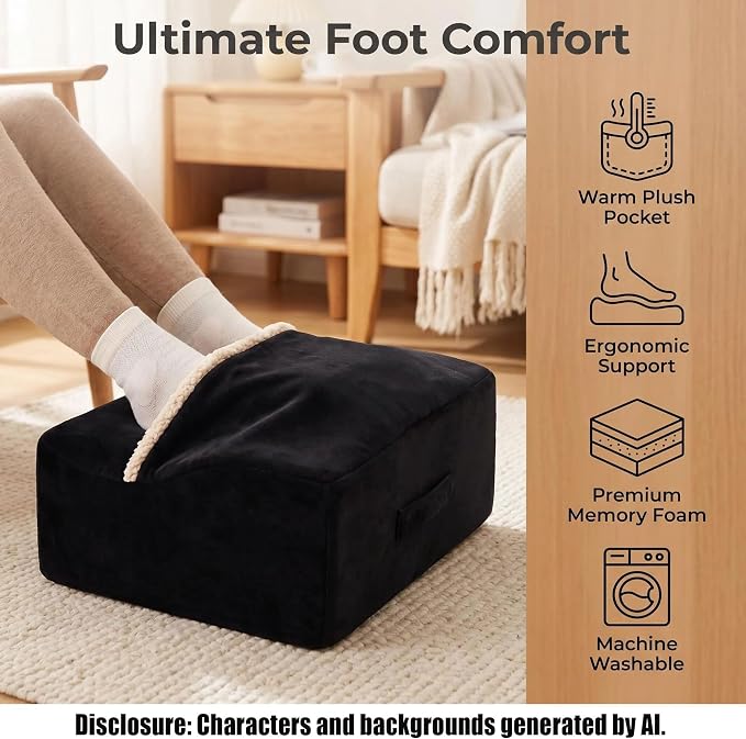 Foot Rest for Under Desk at Work, Office Footrest with Warm Feet Pocket,Ergonomic Under Desk Footrest with Washable Cover, Stool for Office Chair & Back &Pain Relief (Black+)