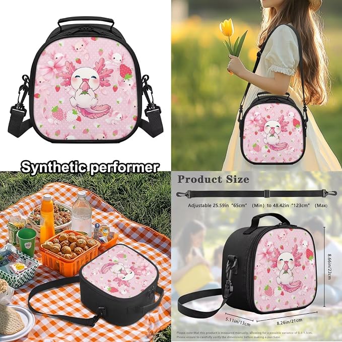 WELLFLYHOM Axolotl Strawberry 8-12 Girls School Bookbag Set Kids Backpack and Lunchbox Pencil Case Water Bottle Lightweight Daypack Gift for Back to School Season
