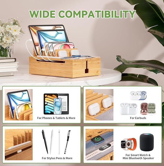 Pezin & Hulin Bamboo Charging Station-Natural, (No USB Charger and Cables) | Electronic Devices Organizer for Multiple Devices Charger Such As Cell Phone, Tablet, Watch and More