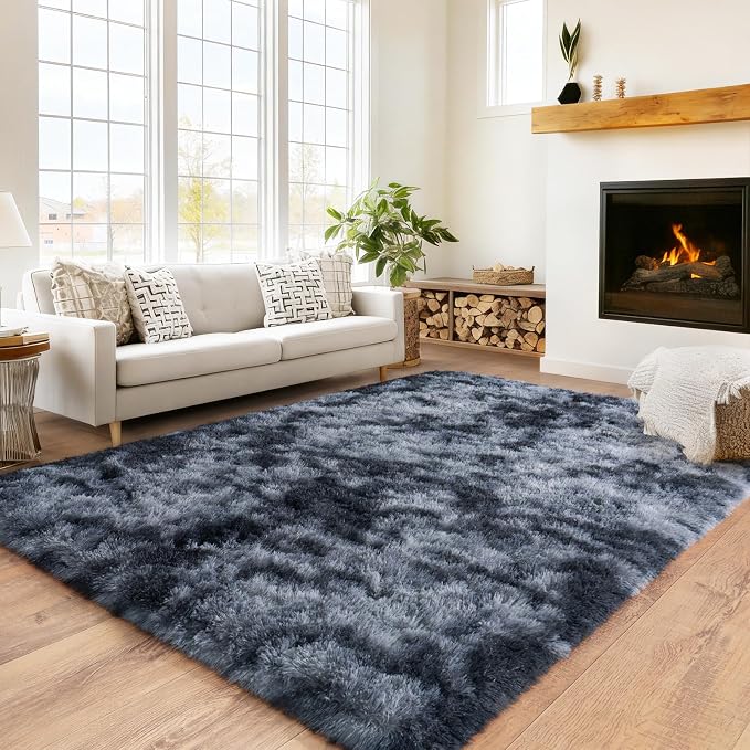 5x7 Area Rug for Living Room Bedroom, Ultra Fluffy Fuzzy Shag Area Rugs for Living Room, Anti-Skid Indoor High Pile Soft Rug Carpet for Bedroom Kids Room Nursery, Dorm Home Decor, Tie-Dyed Blue Grey