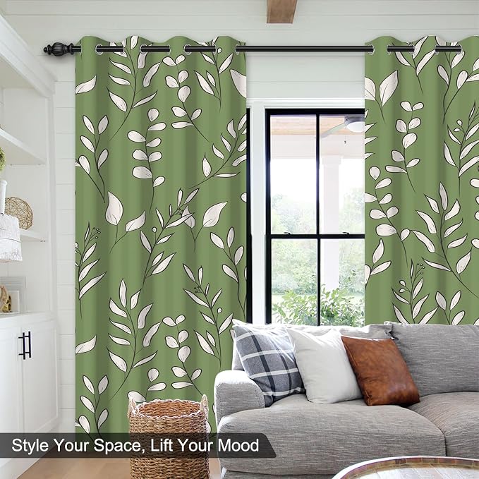 Blackout Curtains for Bedroom Living Room Grommet Thermal Insulated Room Darkening Drapes, Green and White Leaves Print Blackout Curtains 84 Inch Length 2 Panels Set Soundproof Maintain Privacy