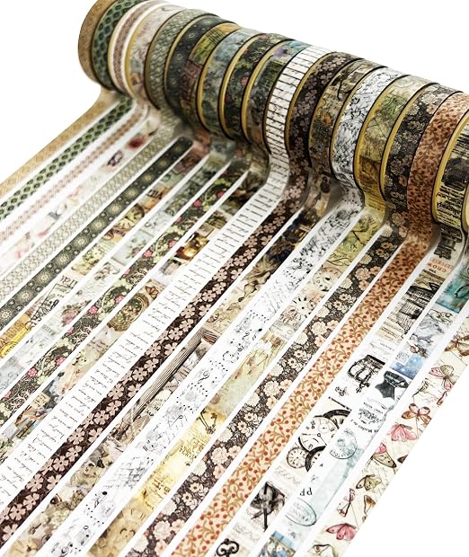 Retro Skinny Washi Tape Set 20 Rolls- Antique Patterns Masking Thin Basic Decorative Tapes for Arts, DIY Crafts, Bullet Journal, Planners, Scrapbook Decor, Gift Wrapping, Junk Journal