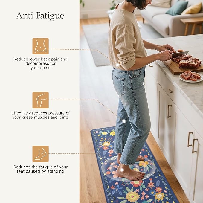 GENIMO Anti Fatigue Kitchen Mats for Floor 2PCS, Cushioned Standing Mats | 17.3"x47"&17.3"x30", Navy vintage floral rug set, waterproof, non slip, easy-clean for farmhouse