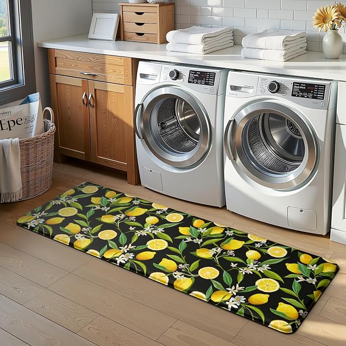 MAYHMYO Lemon Kitchen Decor Mat Set, 2PC Kitchen Mats, Anti Fatigue | Lemon Pattern,Lemon decor,Cushioned comfort,Non-slip backing,Easy to clean,Water-resistant,Kitchen,Laundry