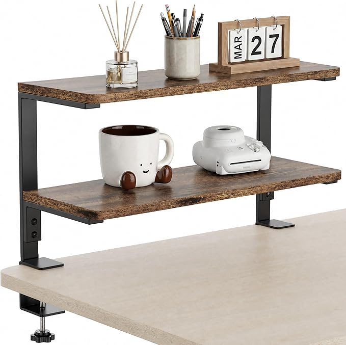 2-Tier Desk Extender, 22-inch Clamp-On Desk Shelf, Height-Adjustable Desktop Shelf Organizer for Monitors Office and Gaming Accessories, Arm Support Table Extension, Dark Brown