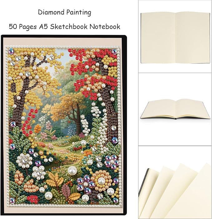 FRANDEK Pearl Painting Notebook Kit, Autumn Forest A5 DIY Journal with 50 Blank Pages, Diamond Gem Art Cover with Waterproof Canvas, Beginner Craft Set with Full Tools for Adults