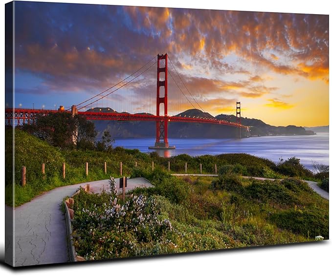 Large Red Golden Gate Bridge Picture Wall Art San Francisco City Landmark Building Photography Wall Decor Nature Mountain Sunset Skyline Paintings Canvas Prints Artwork for Home Decoration 32x48"