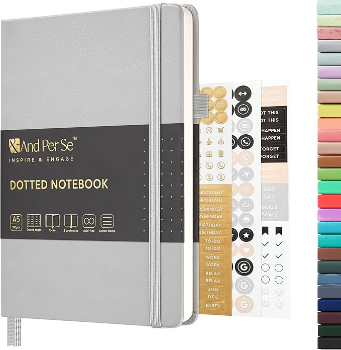 &And Per Se Dotted Journal Notebook, A5 Hardcover Leather Dotted Journal, 160 Pages 100gsm Thick Dot Grid Paper, 3 Sheets of Stickers Included - 5.7'' x 8'' (Grey)