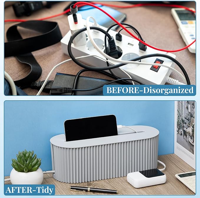 2 Pcs Cable Management Box, Fits Most Power Sockets, 11.8x5.1x4.3 in | Hides Cords & Power Sockets, Bamboo Lid, Beige & Black Options, Includes 48 Accessories, Home Office Desk or Floor Use