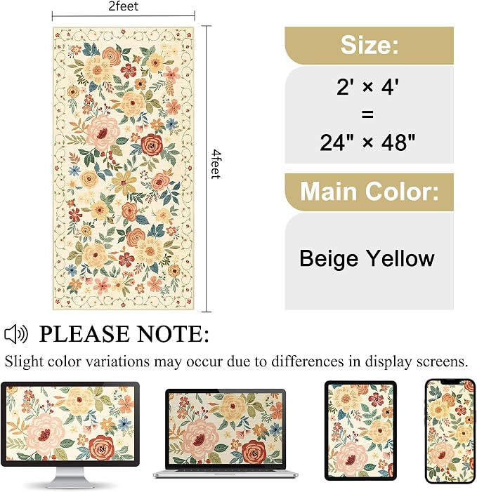 DUKINO 2x4 Rug for Entryway, Washable Kitchen Floral Runner Rug with Non Slip Backing, Low Pile Soft Boho Carpet for Kitchen, Hallway, Entryway, Laundry, Bedroom, Beige Yellow