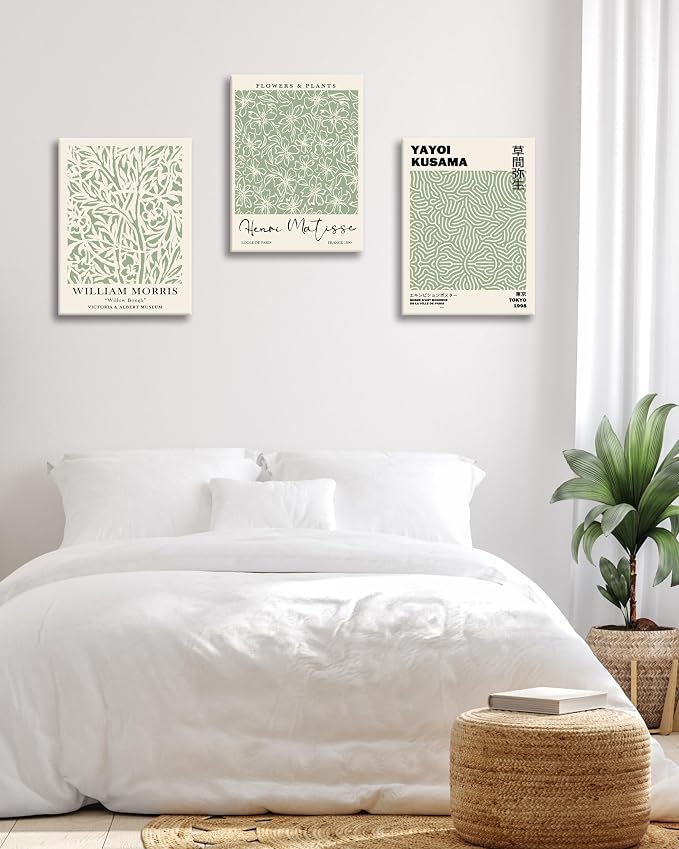 HesenDot Green Botanical Framed Wall Art Set, 12x16in Matisse William Morris Canvas Prints,Minimalist Classic Plants Home Decor for Living Room Bedroom Bathroom Office, Set of 3