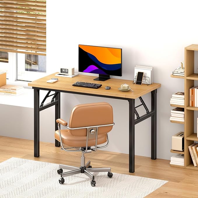 SogesHome Small Foldable Desk for Home Office, 39 Inch Compact Computer Table with Adjustable Leg Pads, No Assembly Needed Folding Writing Conference Desk Gaming Table for Small Spaces, Teak and Black