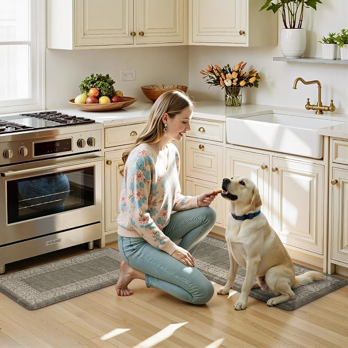 LEEVAN Anti Fatigue Kitchen Mats for Floor, Cushioned Kitchen Mat Set 2PCS | 17.3"x29"+17.3"x47", Boho Floral Green Kitchen Rugs Non-Slip, Waterproof Ergonomic Standing Mats for Laundry, Office & Sink