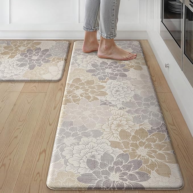 GENIMO Anti Fatigue Kitchen Mats for Floor 2PCS, Cushioned Standing Mats | 17.3"x47"&17.3"x30", Milky White vintage floral rug set, waterproof, non slip, easy-clean for farmhouse