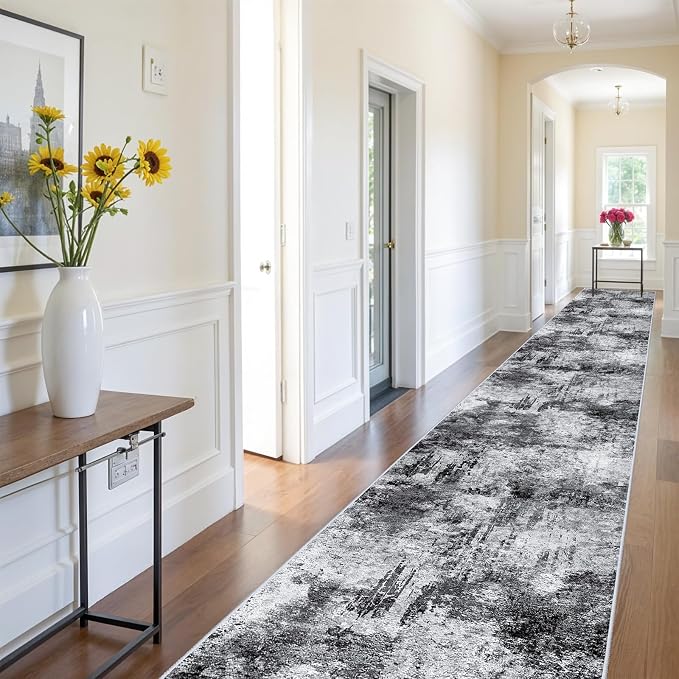 RUUGME Washable Hallway Rug 3x16 - Runner Rug Stain Resistant for Living Room Non Slip Indoor Entryway Rubber Backing Carpet Bedroom Kitchen Distressed Floor Decor Mat Machine Washable 3x16 Black A