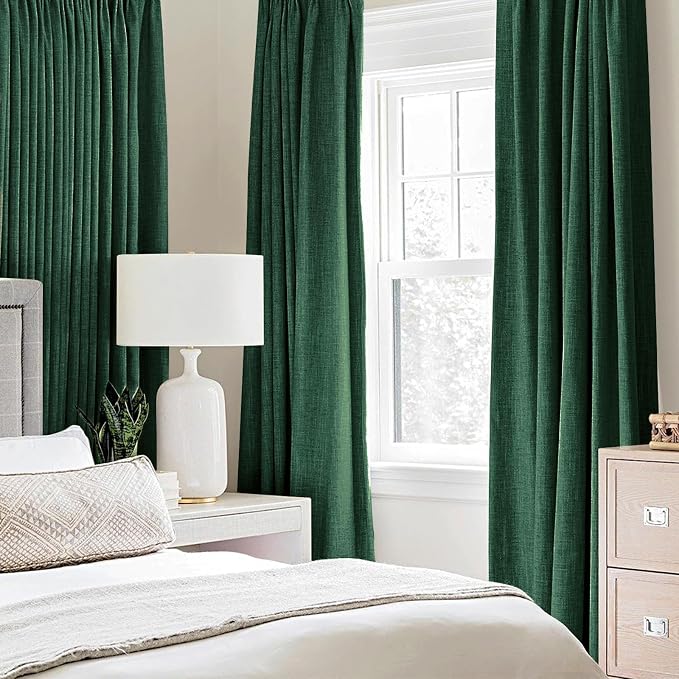 MIULEE 100% Blackout Linen Curtains for Bedroom Thermal Insulated Emerald Green Grommet Room Darkening Curtains & Drapes Christmas Decor for Living Room 52 x 96 Inch (2 Panels)