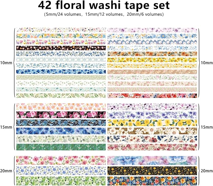 Bomichi Washi Tape, 42 Rolls Aesthetic Colored Decorative Cute Scrapbook Tape for Scrapbooking Supplies Journaling Craft Junk Journal