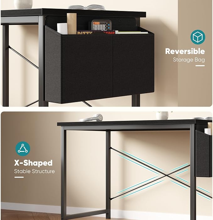 OLIXIS 55 Inch Computer Desk for Home Office, Writing Study Craft Gaming Table, Modern Computer Workstation with Storage Bag and Headphone Hook for Bedroom Small Spaces, Black