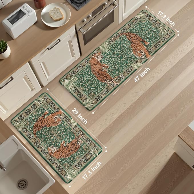 KIMODE Anti Fatigue Mats for Kitchen Floor 17"x47"+17"x29", Cushioned Tiger Kitchen Rugs Sets of 2, Padded Kitchen Floor Mats Non Slip, Comfort Standing Mats for Laundry Office Sink Desk Green