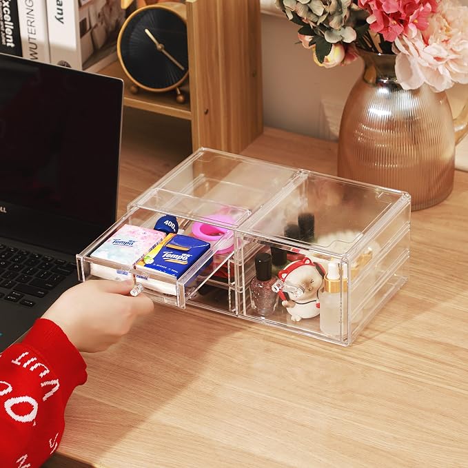 Cq acrylic Clear Stackable Storage Bins,Plastic Medicine Storage Organizer and Small Drawer Organizer with 4 Drawers for Make up,Skincare Produc,Craft,Beauty and Desktop Drawers Organizer Storage
