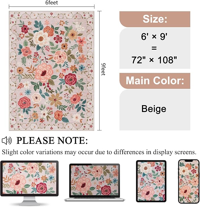 DUKINO 6x9 Area Rug, Floral Rugs for Living Room, Lightweight Non Slip Washable Rug, Indoor Low Pile & Non-Shedding Boho Design Rugs for Bedroom, Living Room, Dining Room, Beige